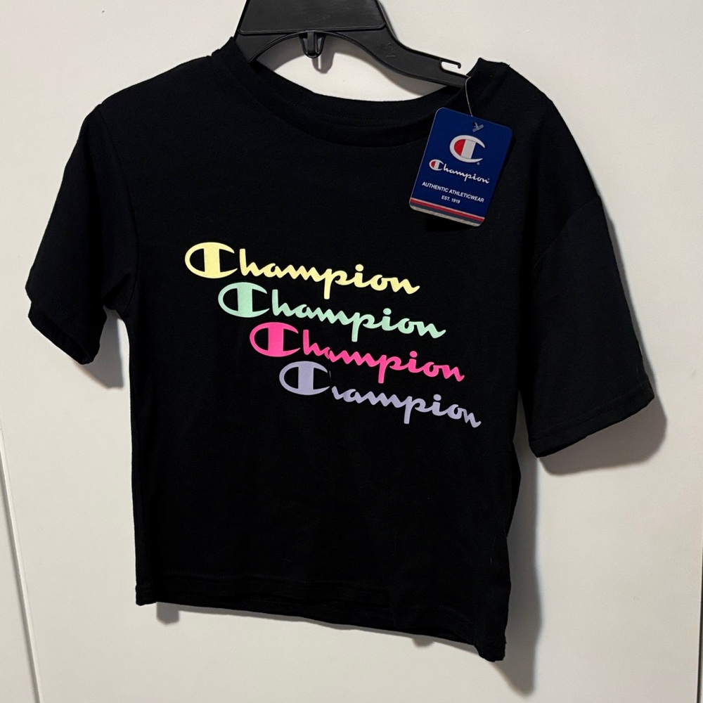 Champion Kids Black Tee with Colorful Logo